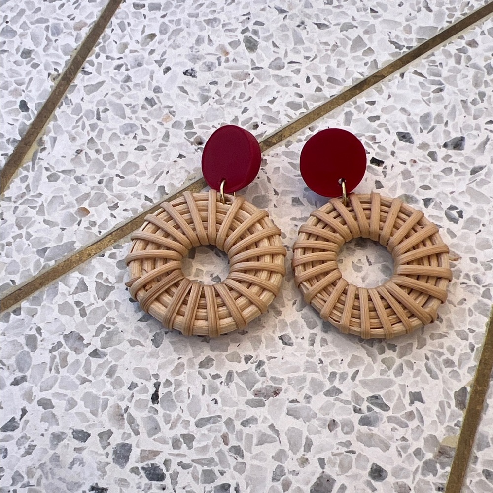 Elegant Tan and Red Woven Earrings
